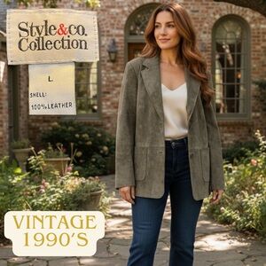 STYLE & CO. VTG Women's Suede Leather Blazer Jacket Sport Coat Earthy Olive  XL